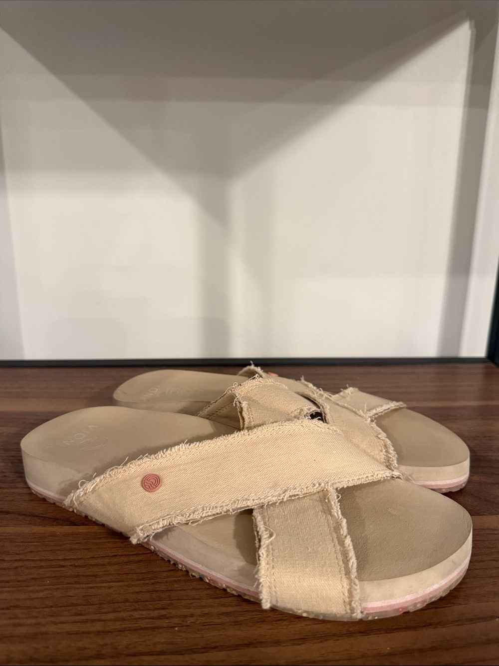 Vionic Beach Panama Canvas Cross Strap Slide Sandals Beige Size 8